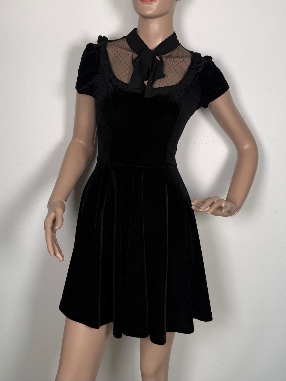 Hell Bunny Black Velvet Mini Dress with Sheer Polka Dot Yoke goth
